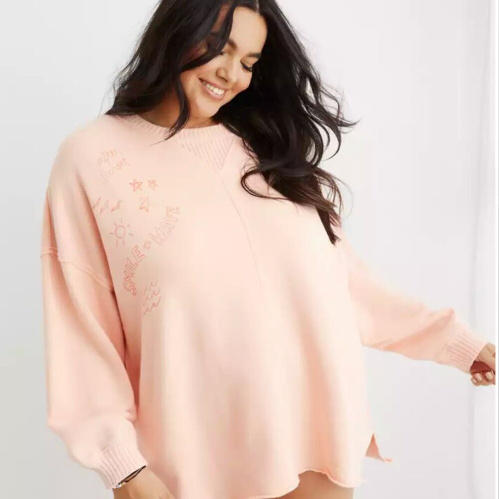 NWT Aerie Oversized After Sunset Smile + Wave Crewneck Sweatshirt Peach Size XS